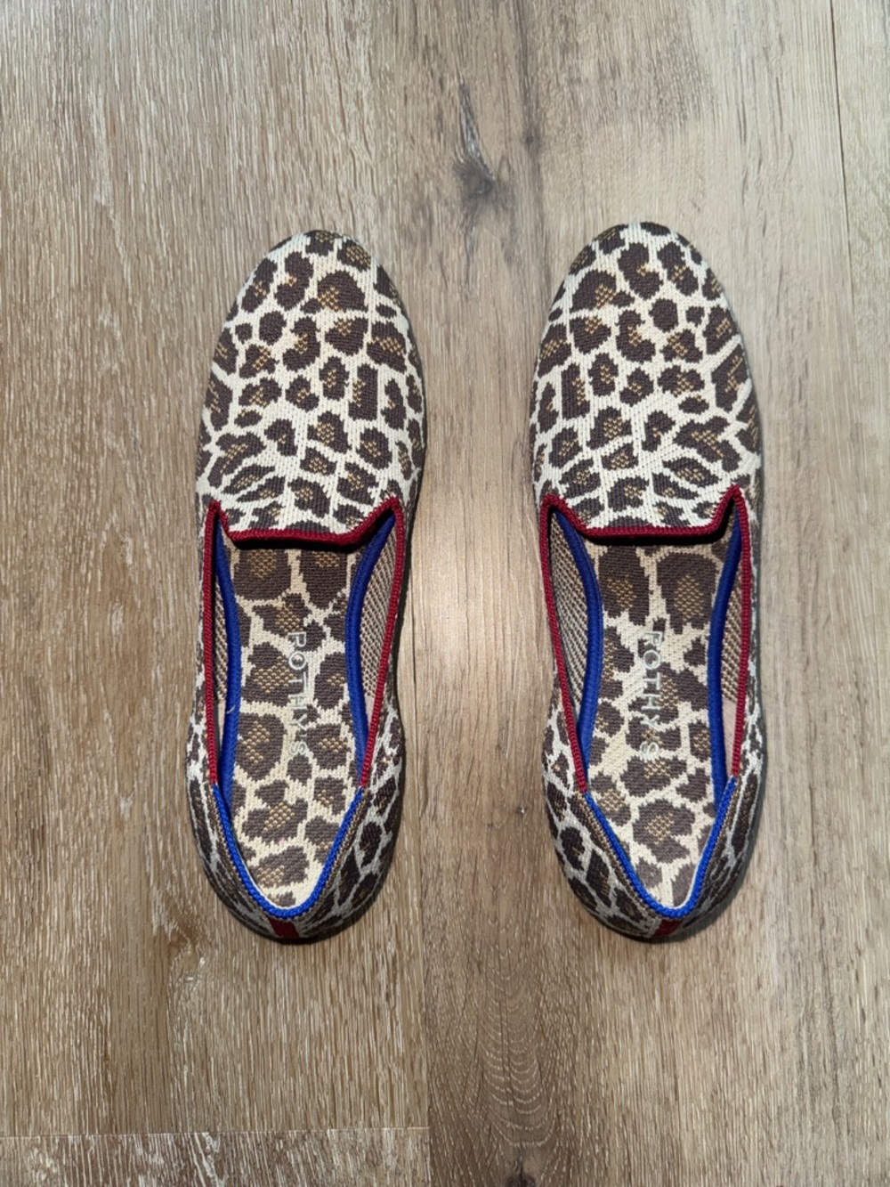 Rothy's Leopard Print Slip-On Flats with Red & Blue Trim